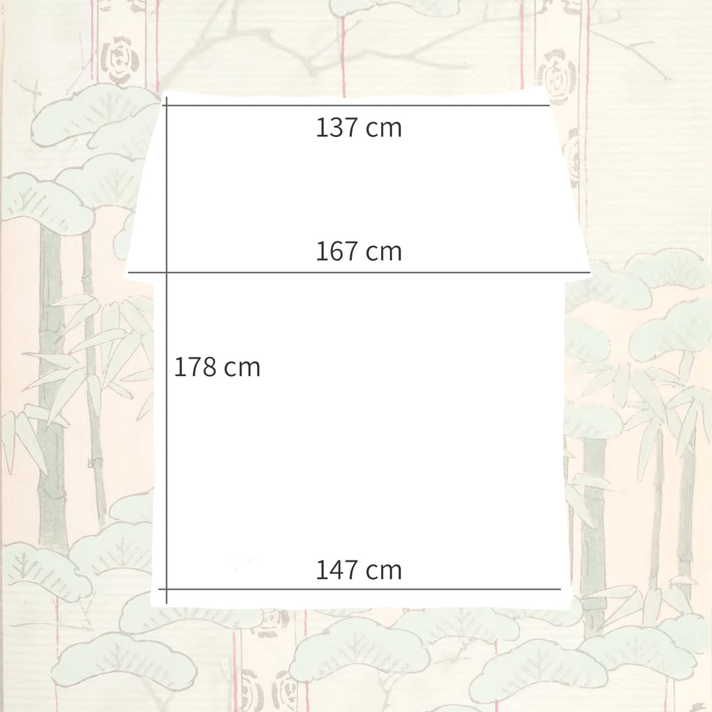 Size diagram showing dimensions of vintage Japanese uchikake silk throw, 137cm wide top, 167cm shoulder width, 178cm length, 147cm hem.