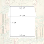 Size diagram showing dimensions of vintage Japanese uchikake silk throw, 137cm wide top, 167cm shoulder width, 178cm length, 147cm hem.