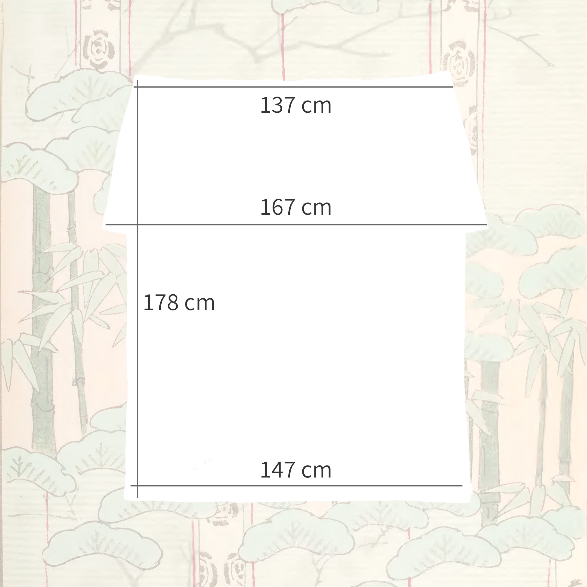 Size diagram showing dimensions of vintage Japanese uchikake silk throw, 137cm wide top, 167cm shoulder width, 178cm length, 147cm hem.
