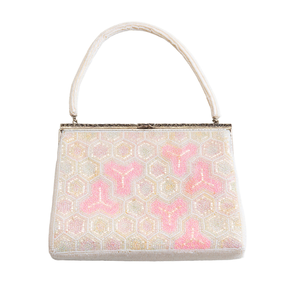 Hunted and Stuffed 1960s Japanese pink and white beaded kimono clutch with intricate beadwork, vintage evening bag, fabric