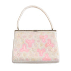 Hunted and Stuffed 1960s Japanese pink and white beaded kimono clutch with intricate beadwork, vintage evening bag, fabric
