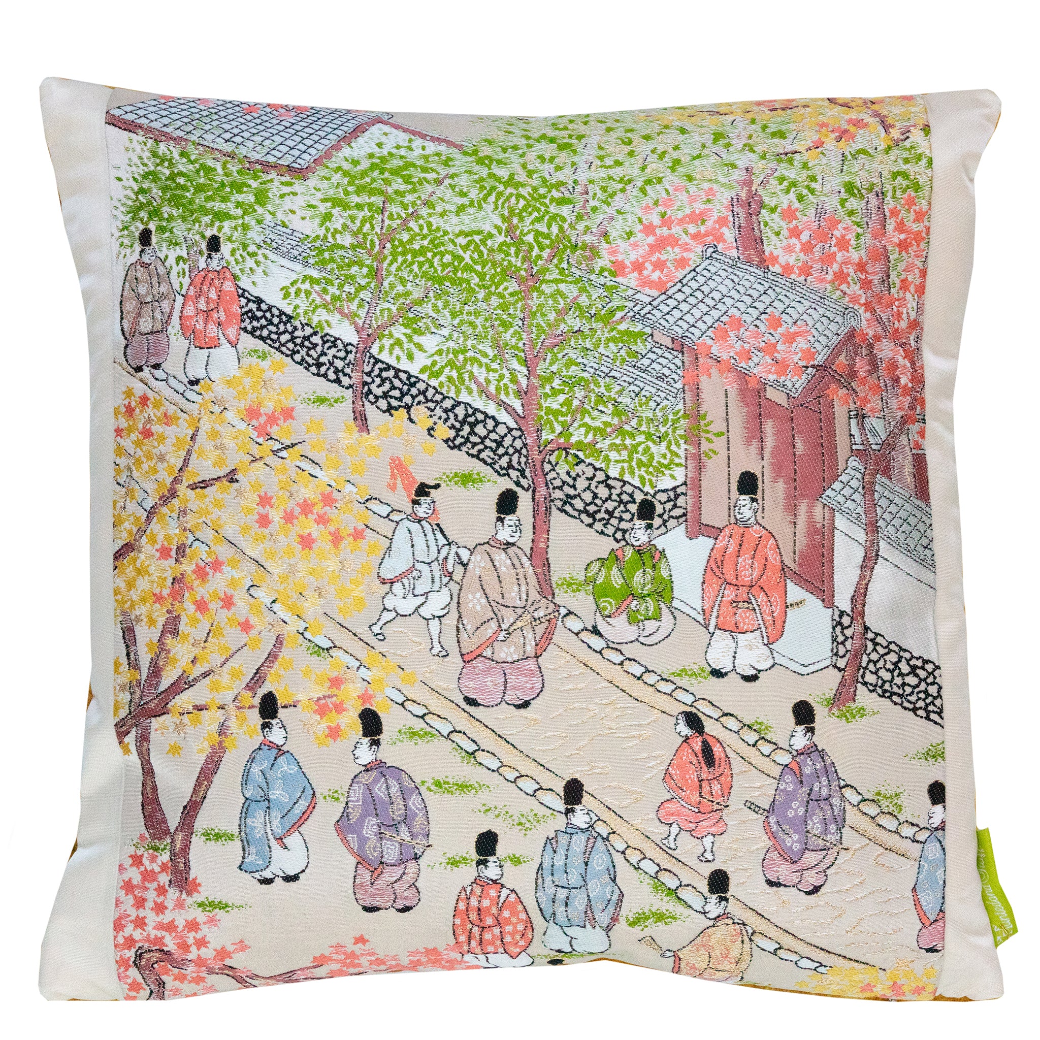 14-inch square Obi Pillow featuring vintage Nishijin silk depiction of Japanese street scene, brand Hunted and Stuffed