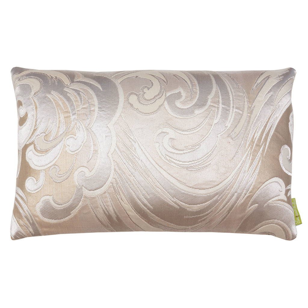 Japanese Wave Cushion in white, cream, and silver silk with vintage obi fabric, featuring textured surface and intricate
