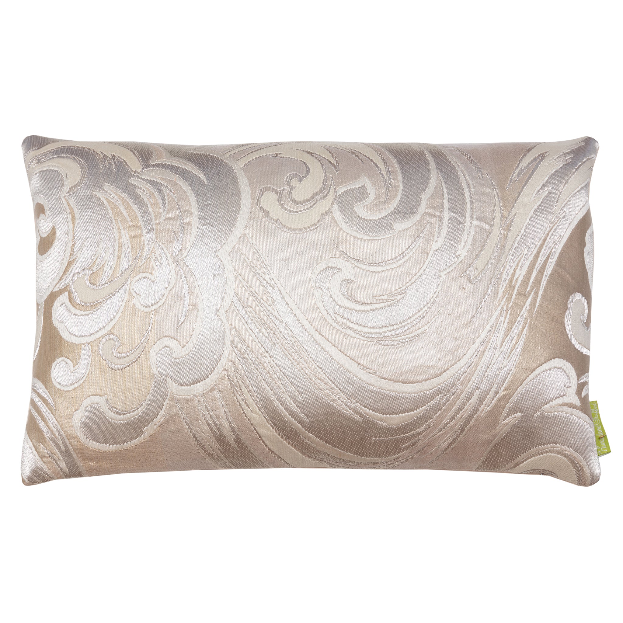 Japanese Wave Cushion in white, cream, and silver silk with vintage obi fabric, featuring textured surface and intricate