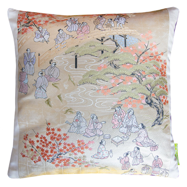 Antique obi silk cushion showing Japanese people in the street by Hunted and Stuffed