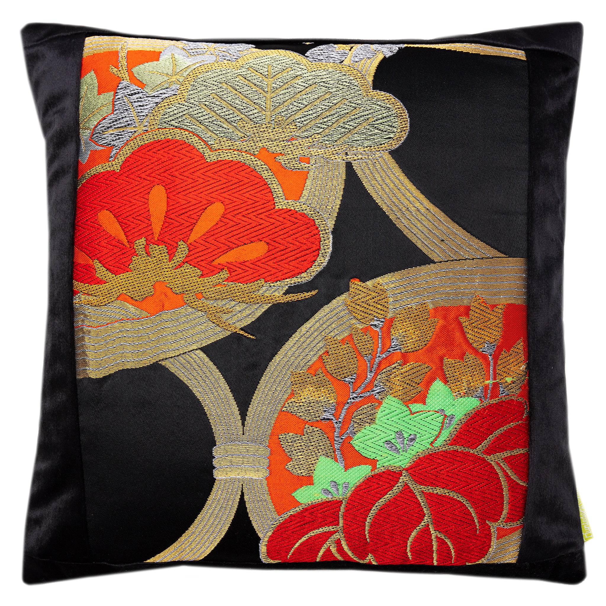 Hunted and Stuffed black velvet square cushion with red gold pine tree embroidery, 15.5-inch Obi cushion for home decor