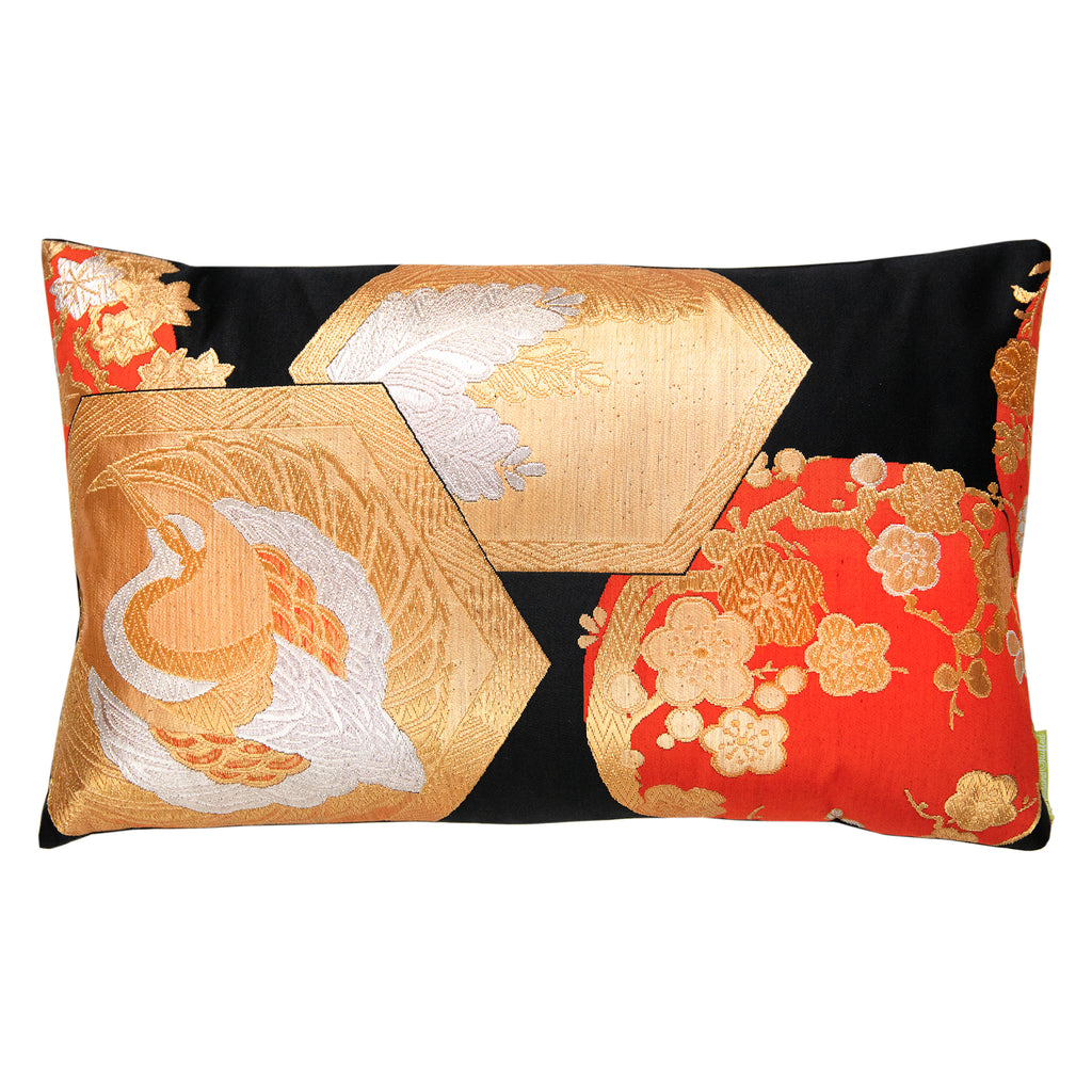 Hunted and Stuffed Chinoiserie Obi cushion with black, gold, and orange silk fabric, embroidered floral motifs, 16x16 inches