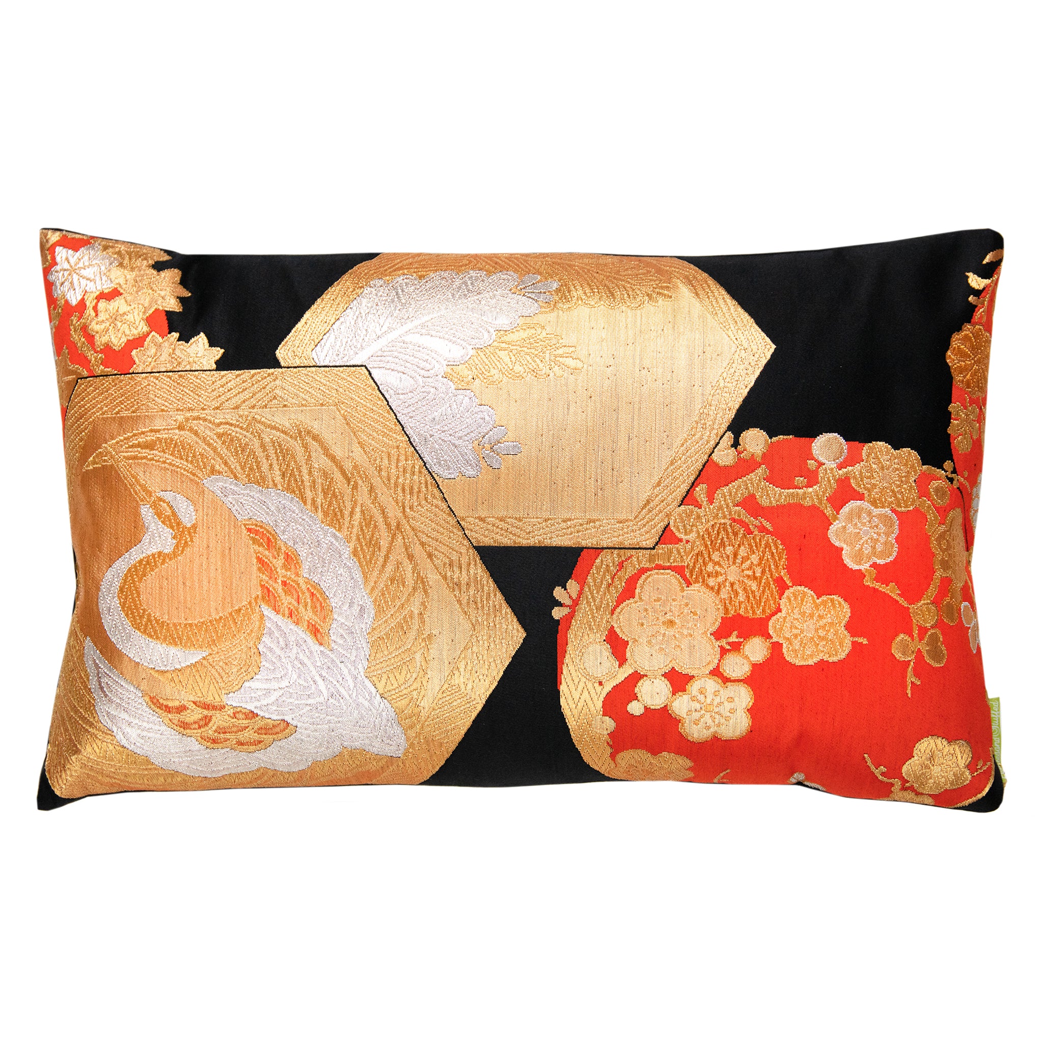 Hunted and Stuffed Chinoiserie Obi cushion with black, gold, and orange silk fabric, embroidered floral motifs, 16x16 inches