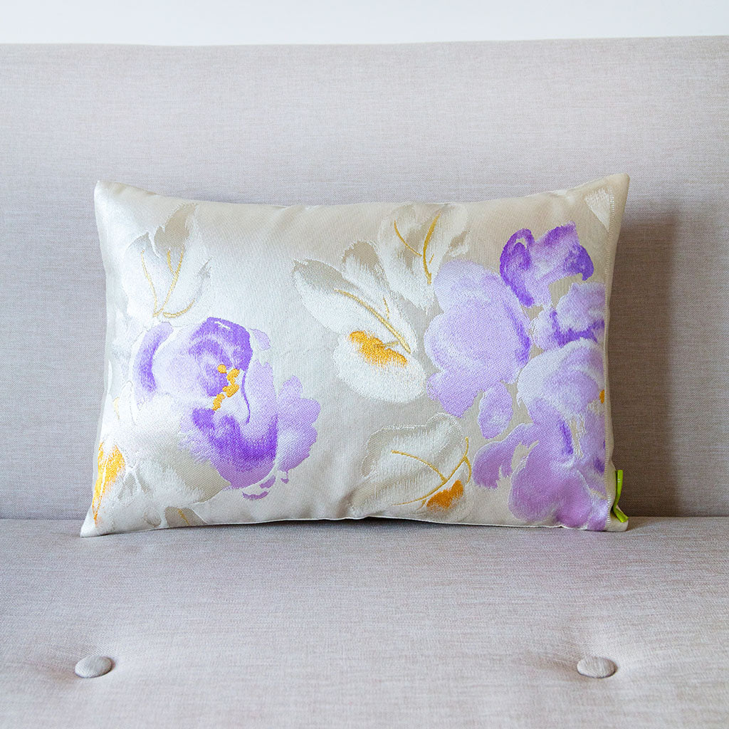 Cream Silver Purple Vintage Obi Cushion Floral Peony