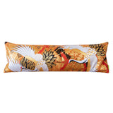 Japanese kimono bolster pillow with flying cranes over orange silk. Gold velvet reverse.