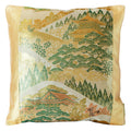 Hunted and Stuffed Mountain Temples Cushion, 17-inch square Obi cushion with Nishijin kimono silk fabric, velvet backing