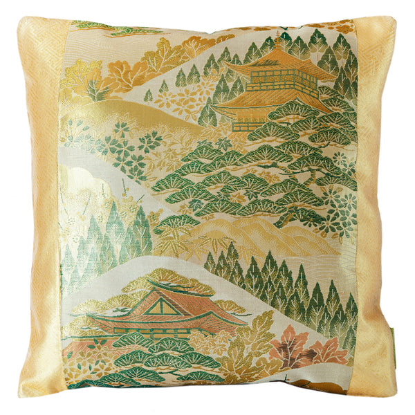Mountain temples gold obi pillow by Hunted and Stuffed