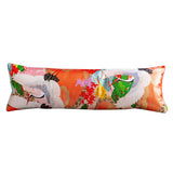 Orange kimono bolster cushion with flying cranes design and teal velvet reverse.