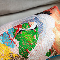 Detail of oriental crane home decor pillow by Hunted and Stuffed
