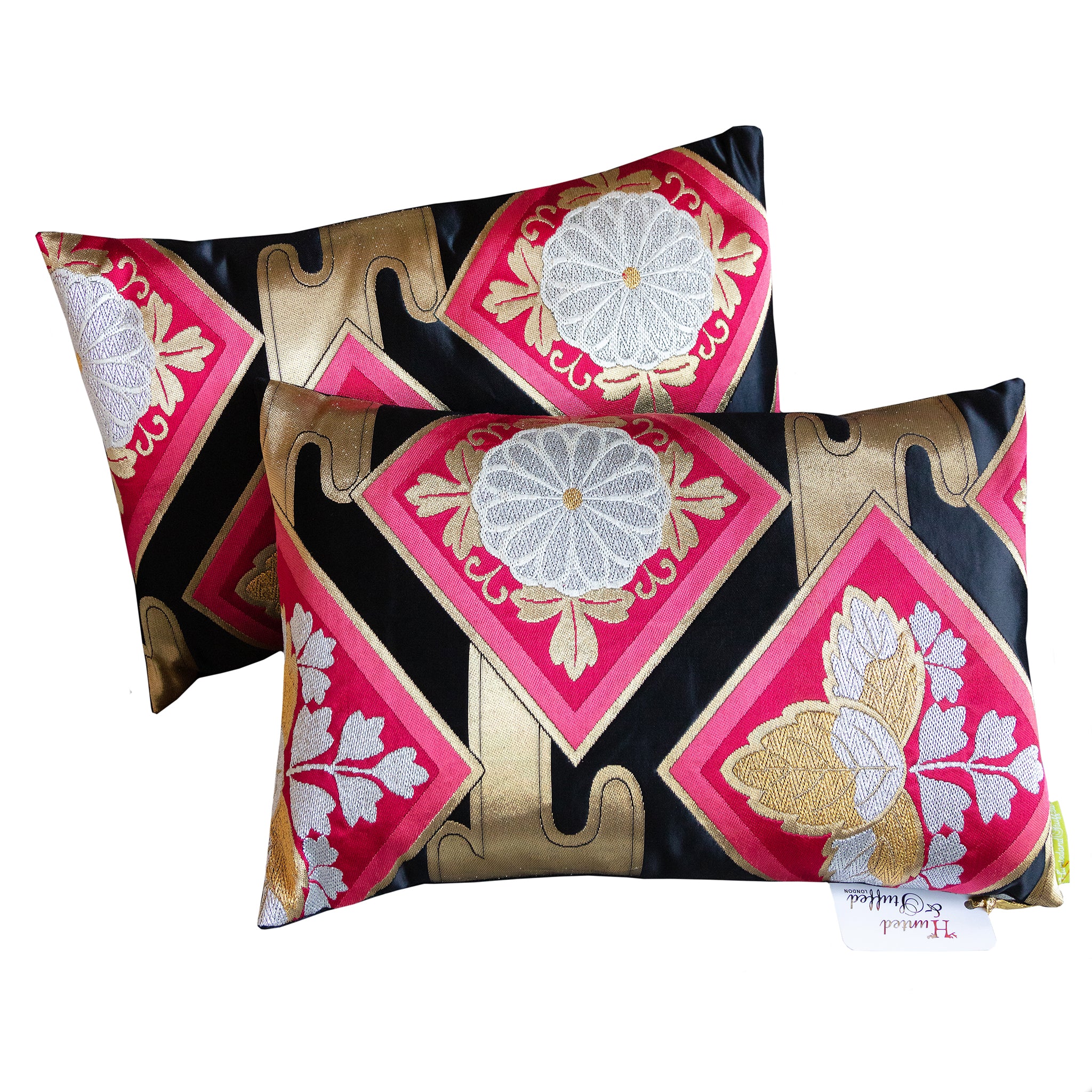 Pink Obi Pillow Set by Hunted and Stuffed featuring black silk fabric with gold accents, set of 2 cushions with textured