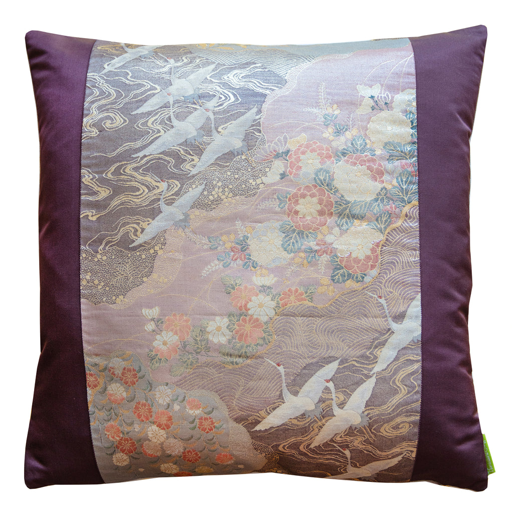 Purple flying cranes embroidery on rose gold vintage obi silk cushion, 19.5 inches square, Hunted and Stuffed Obi Cushions