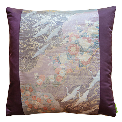 Purple flying cranes embroidery on rose gold vintage obi silk cushion, 19.5 inches square, Hunted and Stuffed Obi Cushions