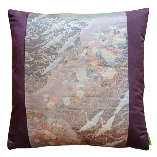 Purple flying cranes pillow made with vintage obi silk in muted golds.
