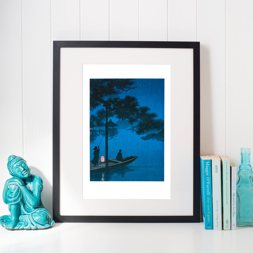 Detailed view of moonlit pine trees and flowing river in Shubi Pines at Night Japanese woodblock print, 1910s, unframed.