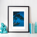 Detailed view of moonlit pine trees and flowing river in Shubi Pines at Night Japanese woodblock print, 1910s, unframed.