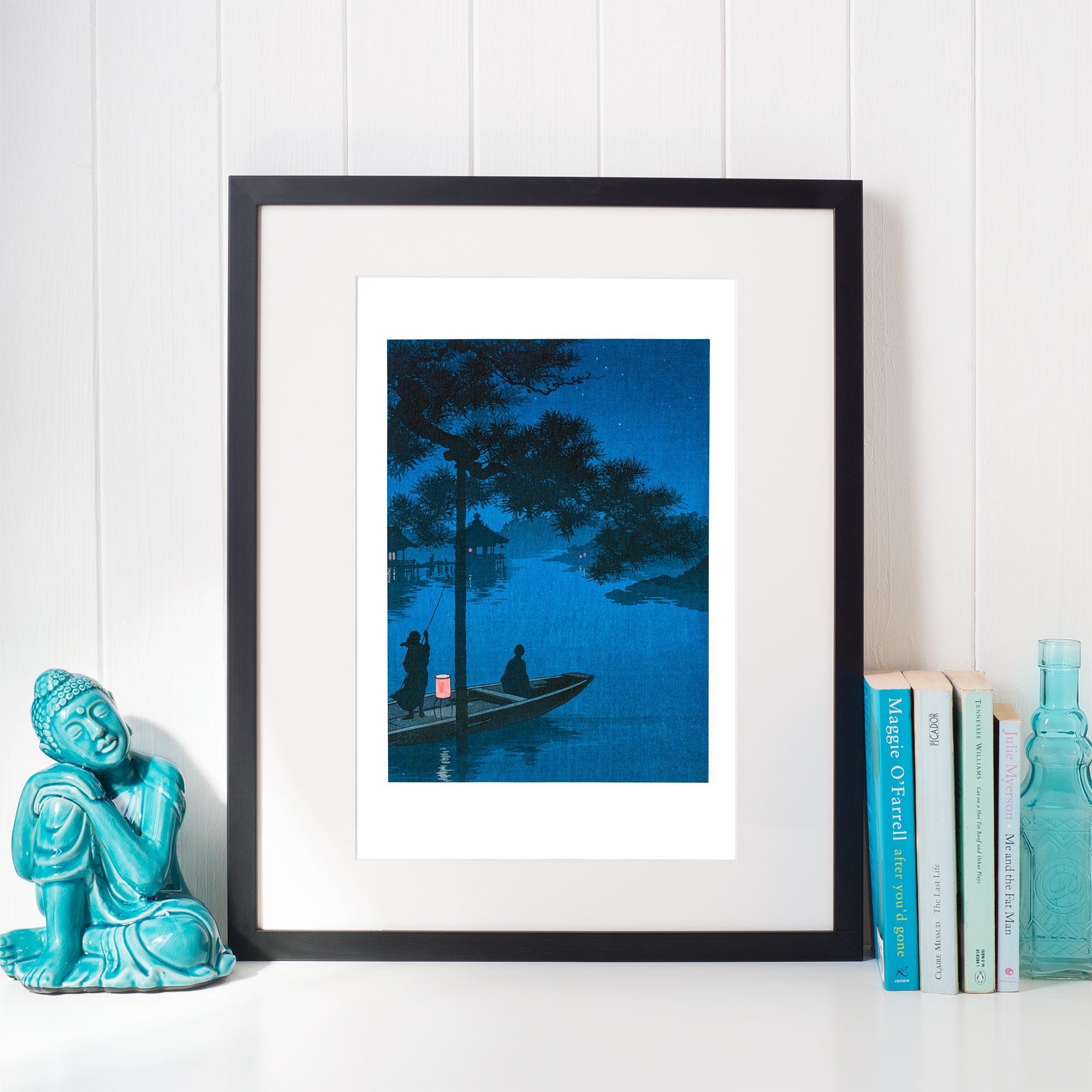 Detailed view of moonlit pine trees and flowing river in Shubi Pines at Night Japanese woodblock print, 1910s, unframed.