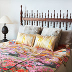 Silk vintage wedding kimono bedspread throw in soft pastel colors, 50x70 inches, Hunted and Stuffed brand, cozy bedroom decor