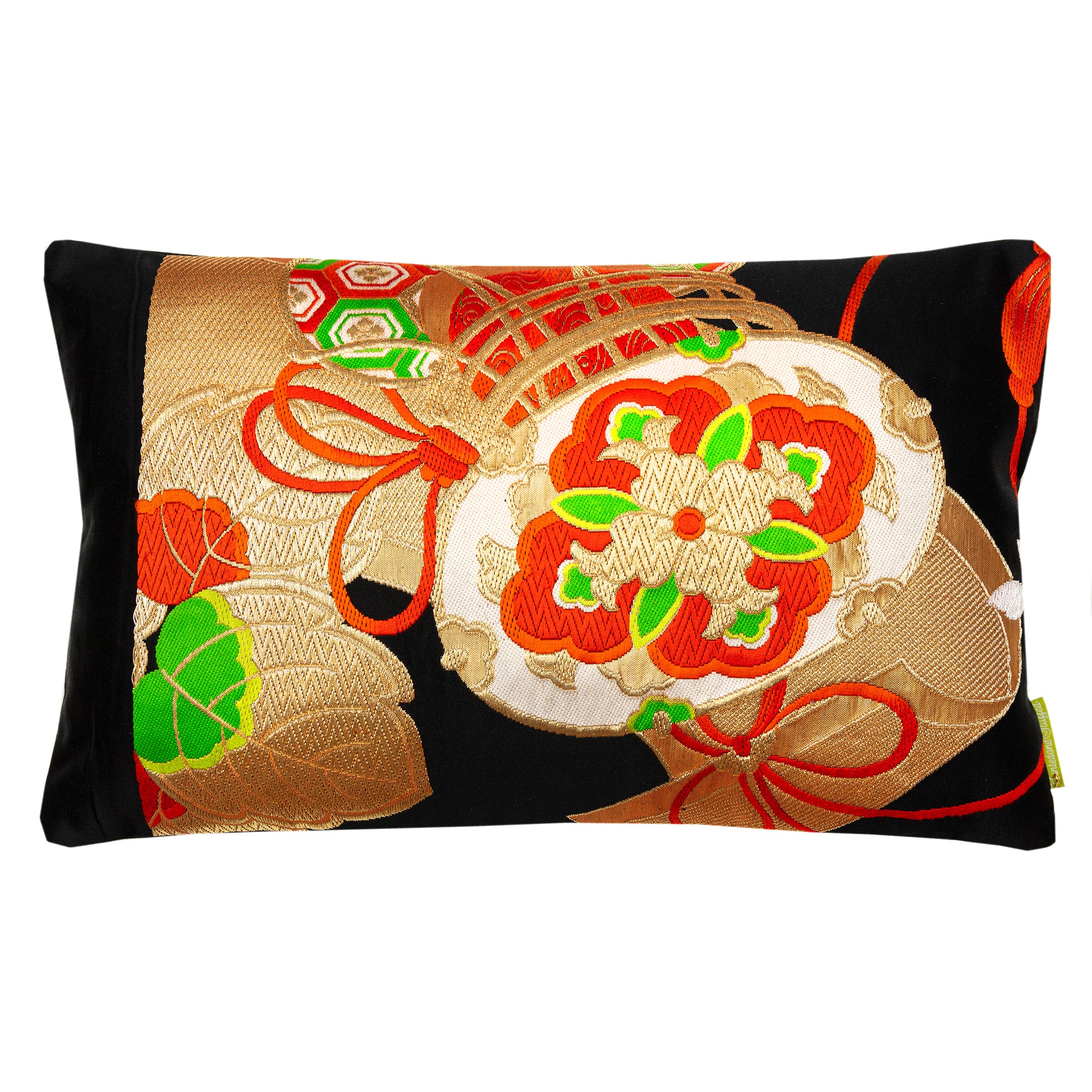 Hunted and Stuffed black silk Taiko drum cushion with vintage obi fabric, 16x16 inches, traditional Japanese style, framed