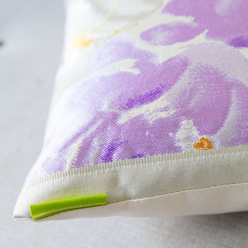 Close-up of purple silk peony embroidery highlighting intricate silver thread detailing on the Floral Vintage Obi Cushion #5