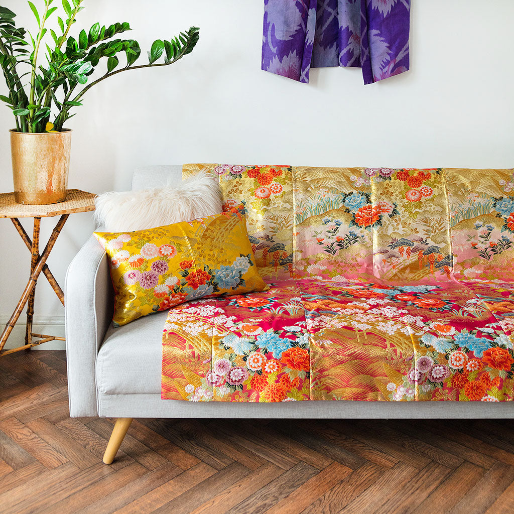 Vintage silk upcycled kimono-inspired throw in muted pastel hues, textured fabric with subtle shimmer, by Hunted and Stuffed