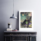 Close-up of Yoshitoshi Prince Semimaru print's intricate brushwork and textured paper surface detail from a corner angle.