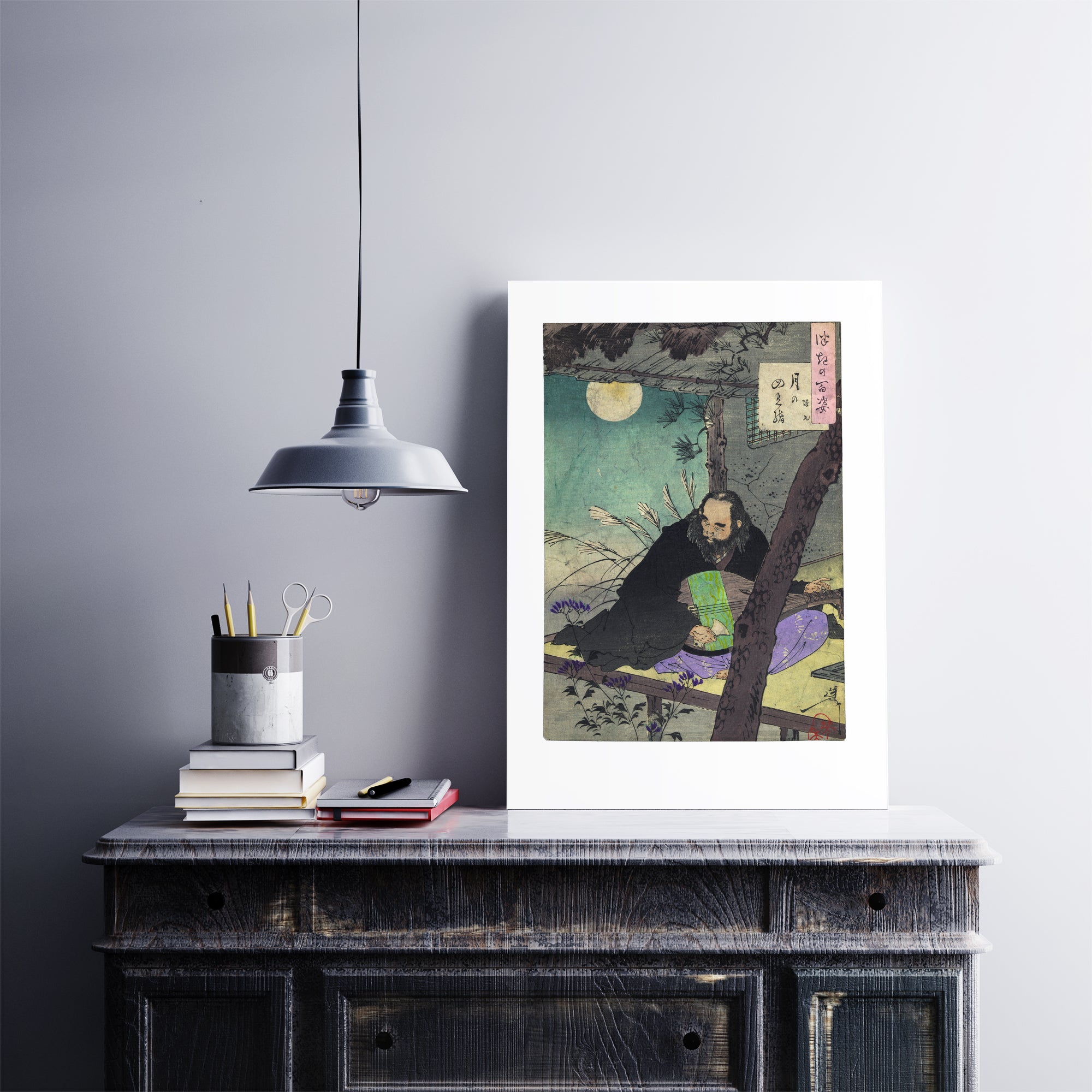 Close-up of Yoshitoshi Prince Semimaru print's intricate brushwork and textured paper surface detail from a corner angle.