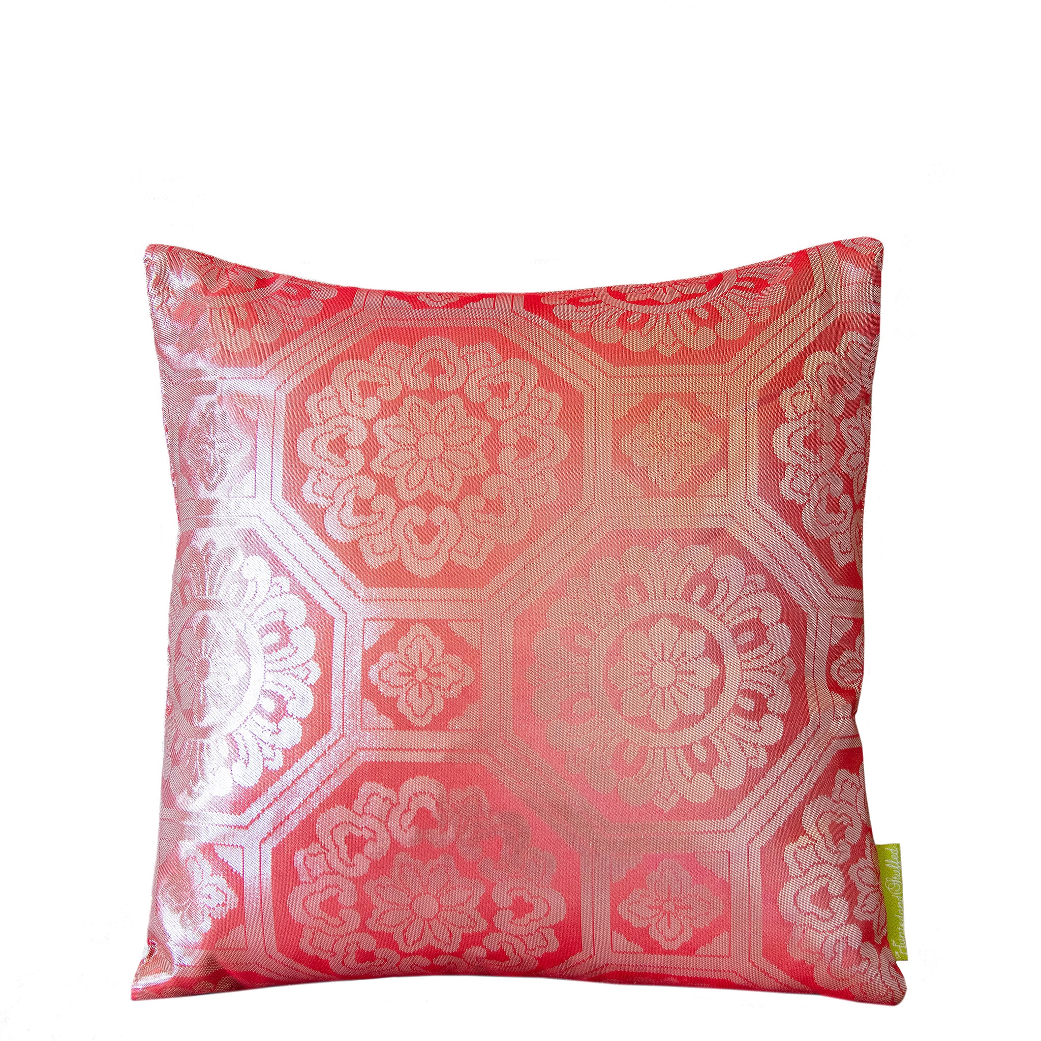 1930s pink silk throw pillow with silver geometric antique obi, 12-inch square, handmade textile art by Hunted and Stuffed