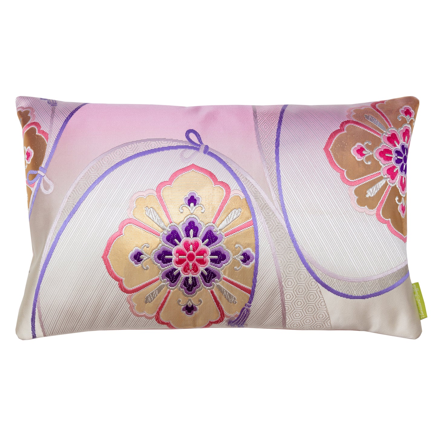 Baby pink silk pillow with gold hanabishi flowers, vintage obi pillow by Hunted and Stuffed