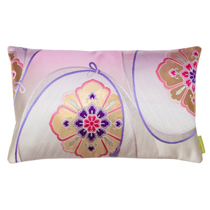 Baby pink silk pillow with gold hanabishi flowers, vintage obi pillow by Hunted and Stuffed