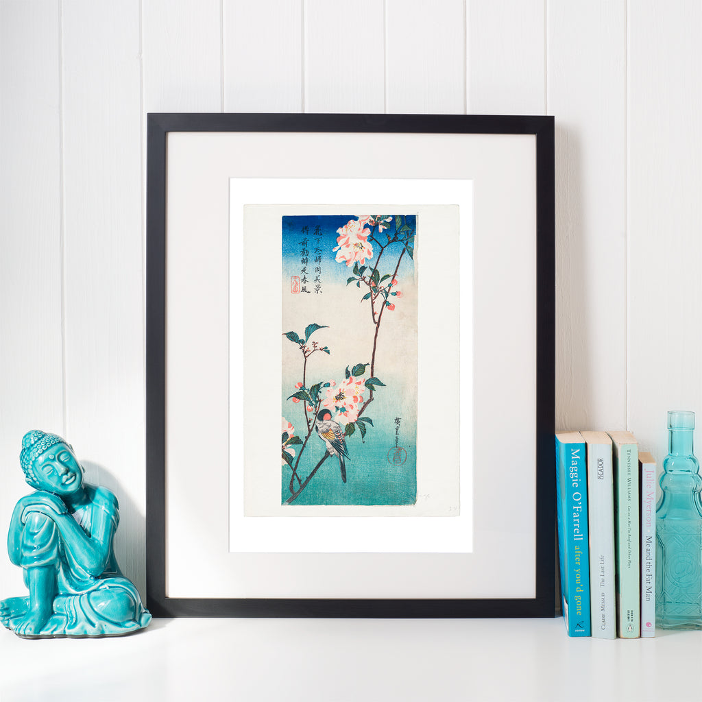 Close-up of intricate brushwork highlighting delicate flowers and tiny bird details in Hiroshige’s 1830s Japanese woodblock