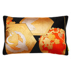 Black and gold fabric obi pillow featuring phoenix and orange blossom embroidery, 16x16 inches, textured cotton blend, by
