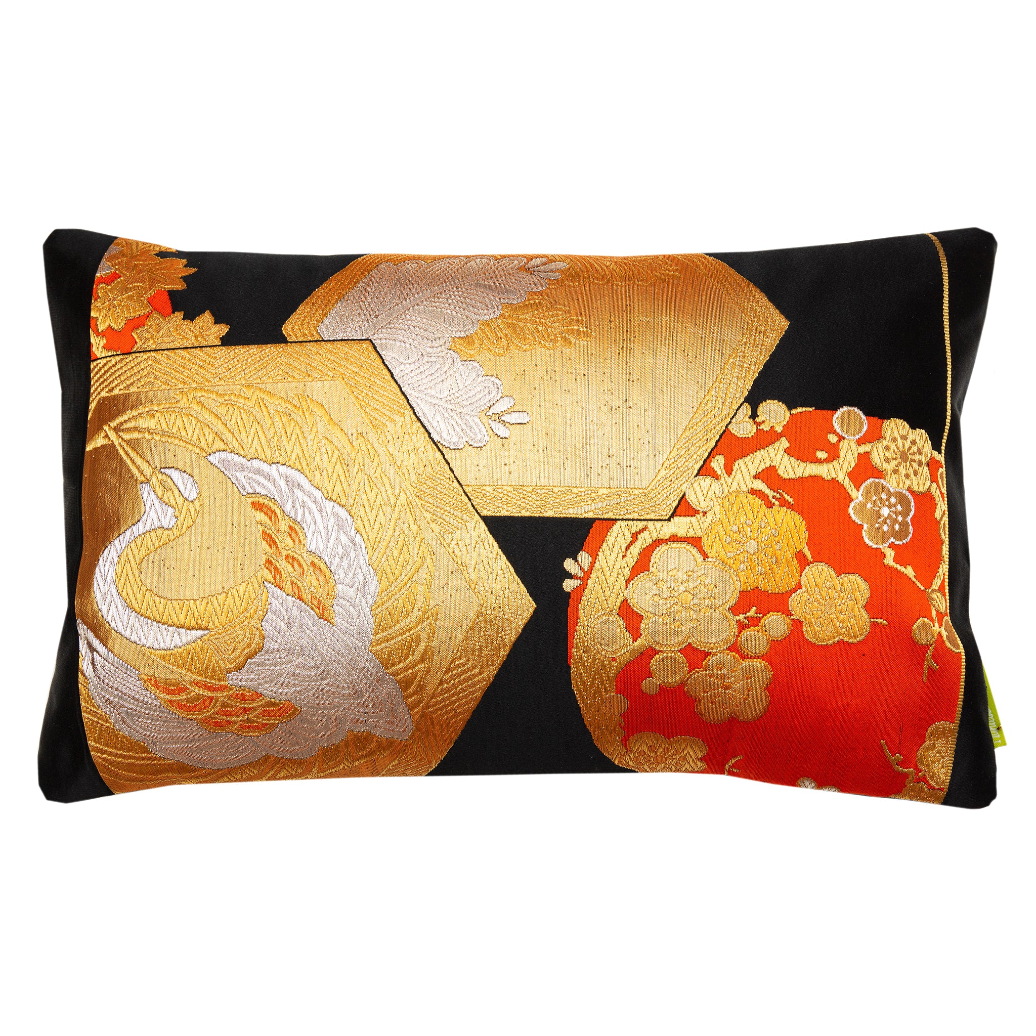 Black and gold fabric obi pillow featuring phoenix and orange blossom embroidery, 16x16 inches, textured cotton blend, by