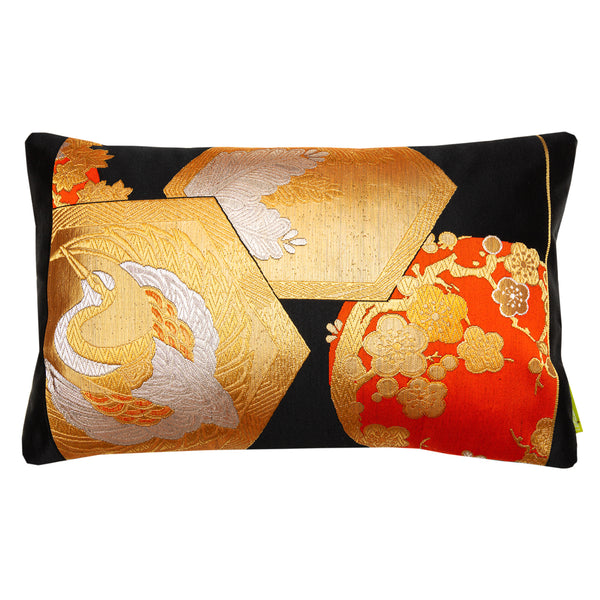 Black and gold obi pillow with orange accents, phoenix and blossom by hunted and stuffed