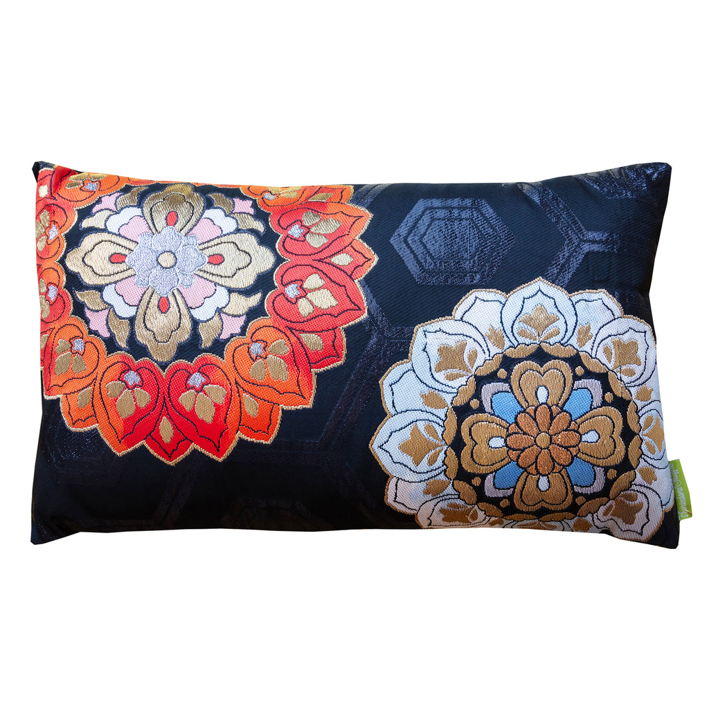 Black silk obi cushion with red and blue embroidered flower patterns, Hunted and Stuffed brand, 16x16 inches, soft textured