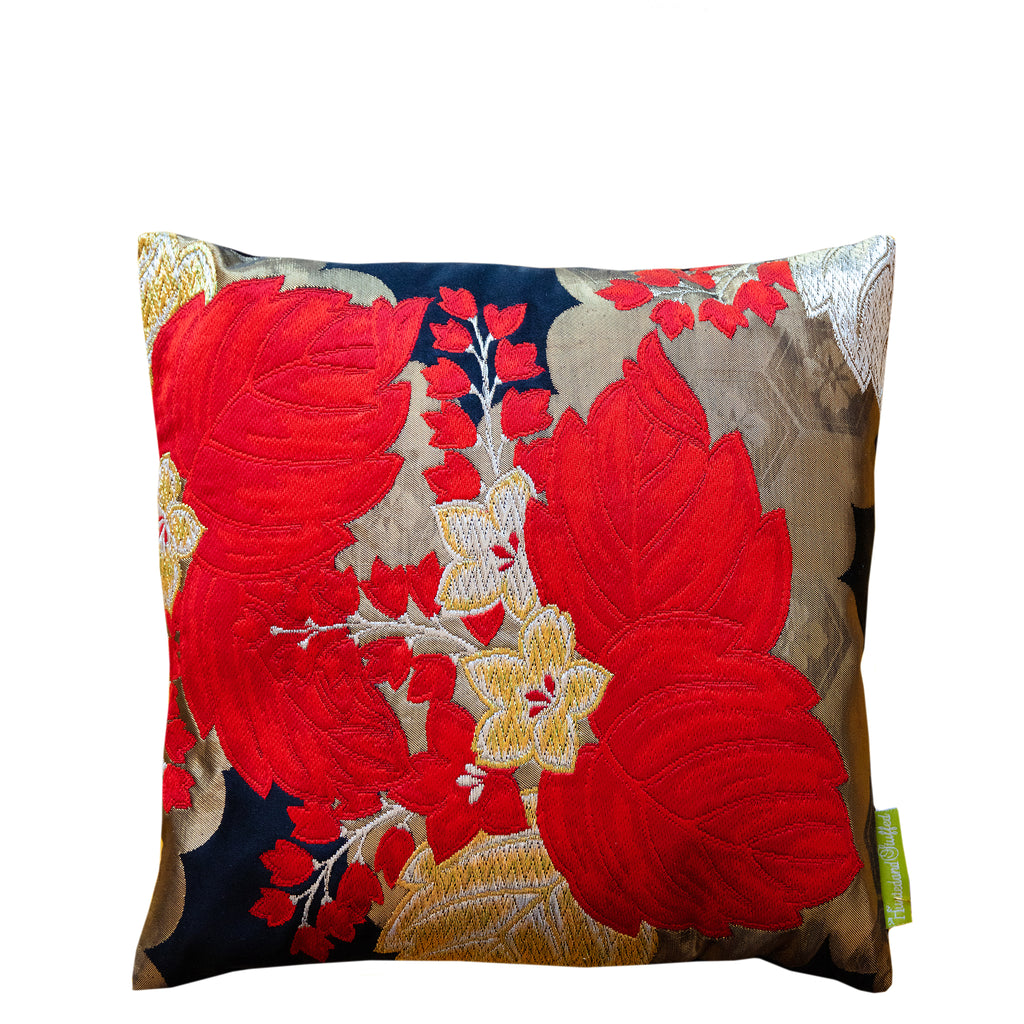 Black silk fabric pillow with red and gold floral embroidery, vintage obi cushion, 12-inch square, Hunted and Stuffed