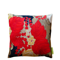 Black silk pillow with red and gold floral embroidery. A small vintage obi cushion.