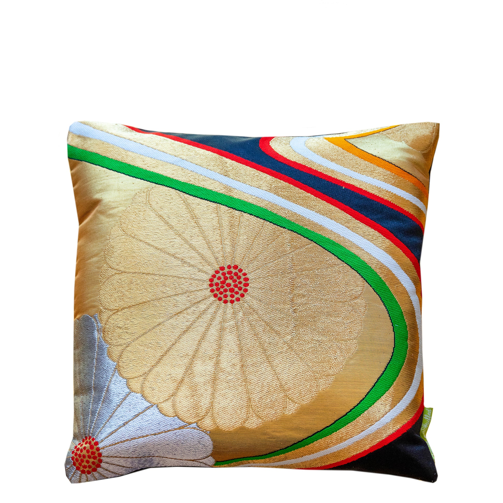 Black silk throw pillow with golden chrysanthemum design. Small vintage obi cushion by Hunted and Stuffed.