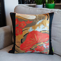 Black Obi Pillow -Peach Velvet and Pines