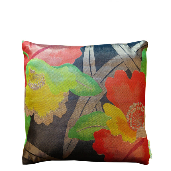 Black throw pillow with red flowers and gold leaves design. Silk Japanese obi cushion by Hunted and Stuffed.