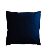 View of the reverse of the black throw pillow showing plain black silk back.