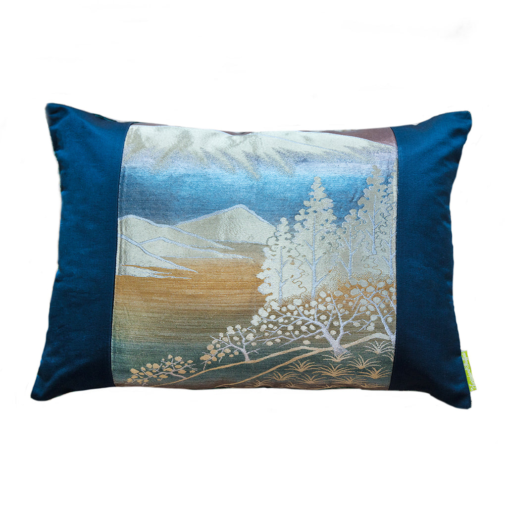 Hunted and Stuffed Blue Mountain Silk Velvet Obi Cushion, 16x16 inches, deep blue, soft velvet texture with hand-stitched
