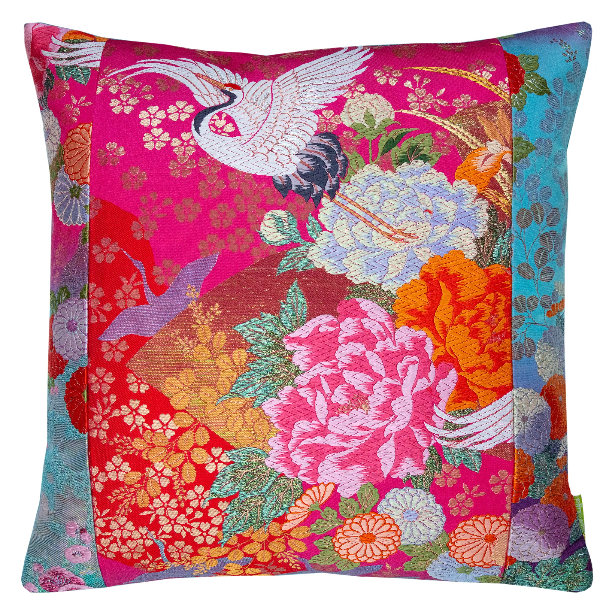 Hunted and Stuffed square Obi cushion featuring blue and pink crane design with vintage Uchikake silk and teal velvet, over