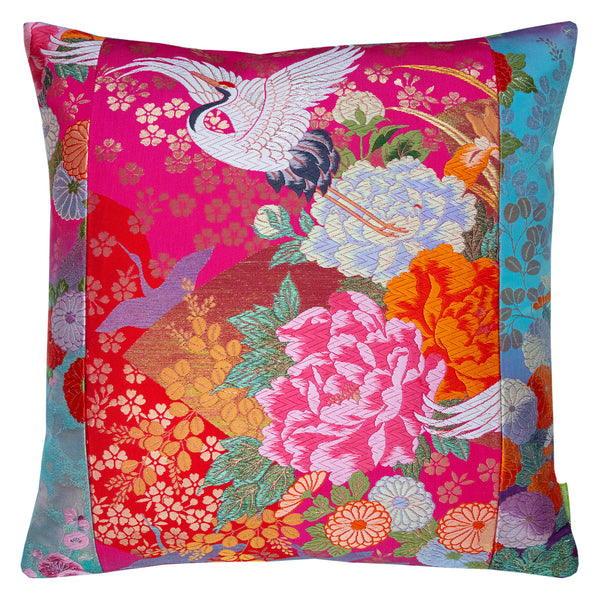 Blue and pink vintage silk kimono crane pillow by Hunted and Stuffed