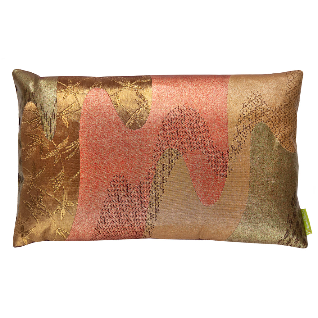 Bronze Obi Cushion crafted from vintage kimono silk with flowing river design, Hunted and Stuffed, 14x14 inches