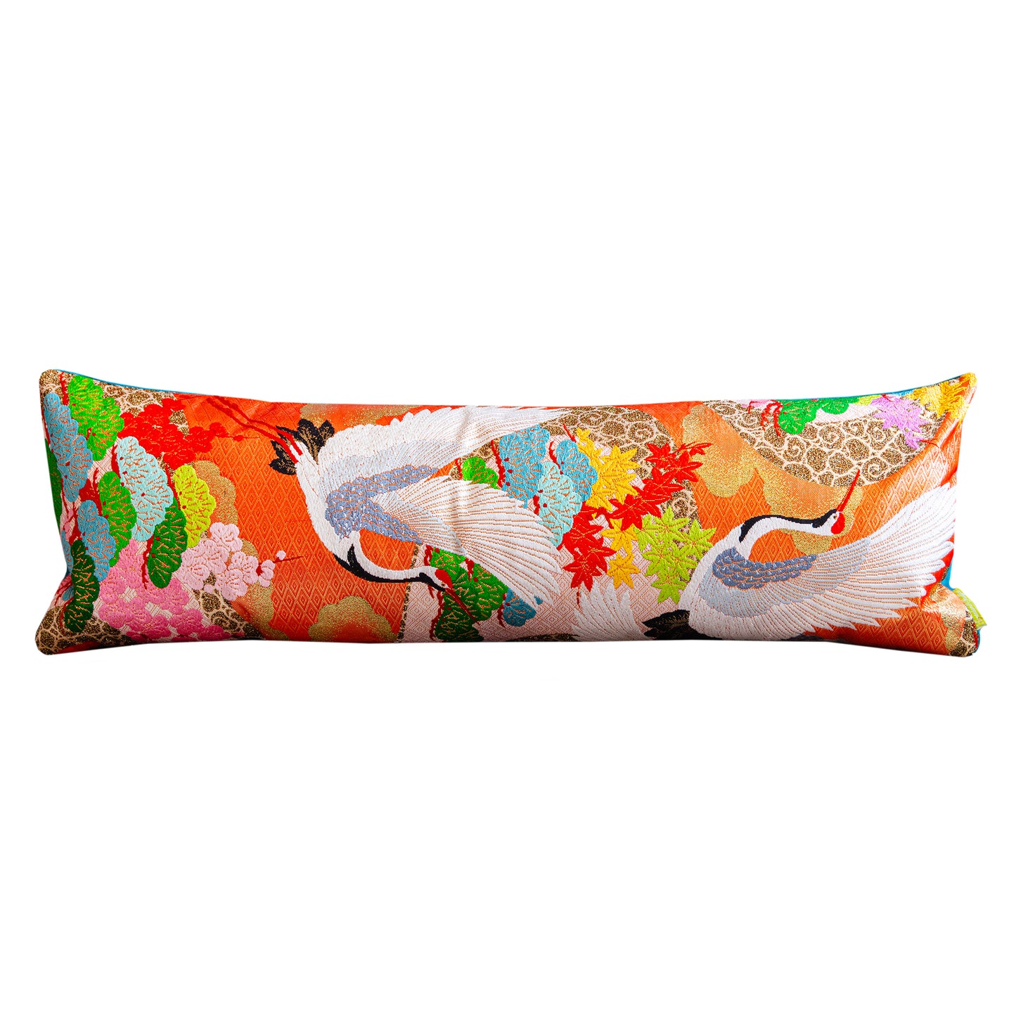 Colourful Bolster Pillow -Repurposed Kimono Silk Cranes on Blue Velvet